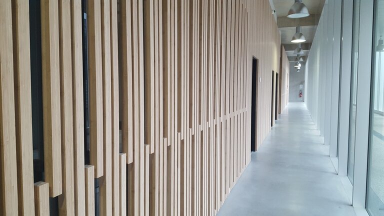 Moderne Bambuswand, vertikale Lamellen, heller Flur.